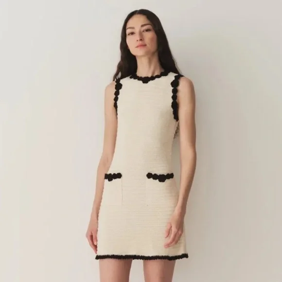 Doen Millicent Pima Cotton Knit Pocket Trim Sleeveless Mini Dress Cream Black